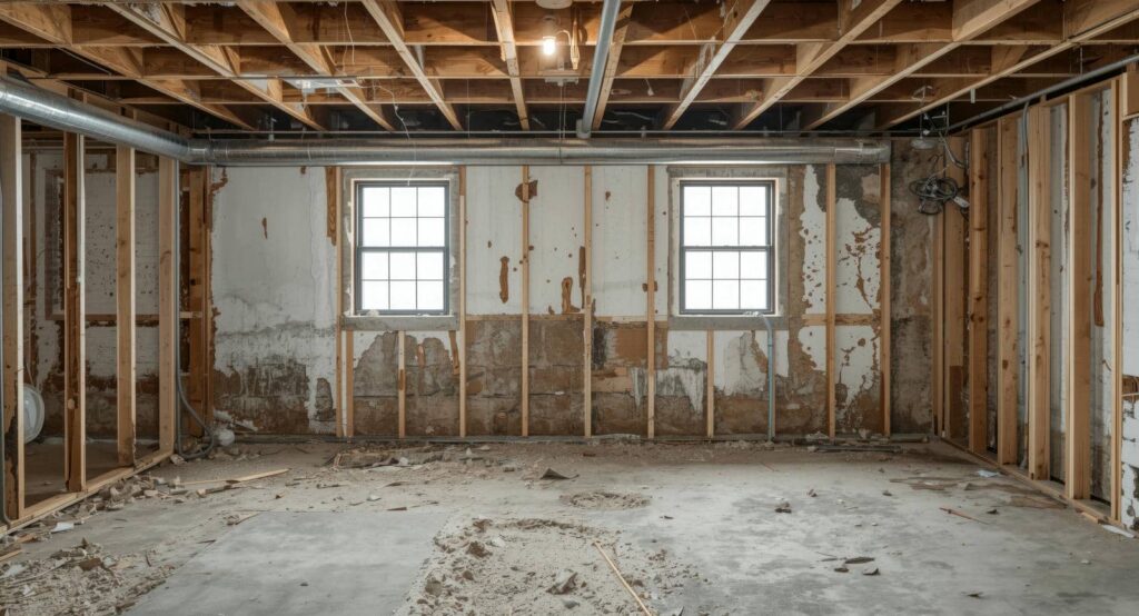 Basement under renovation with exposed wooden studs, concrete floor, and two windows.