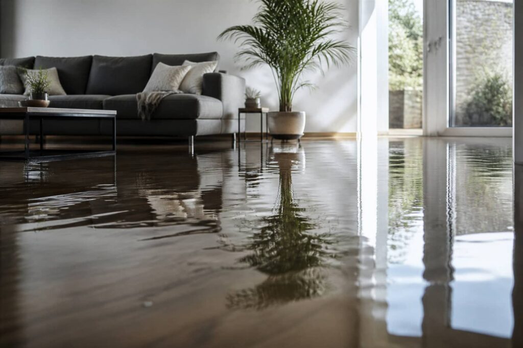 Flooded living room with water covering the floor and reflecting a sofa and plant.