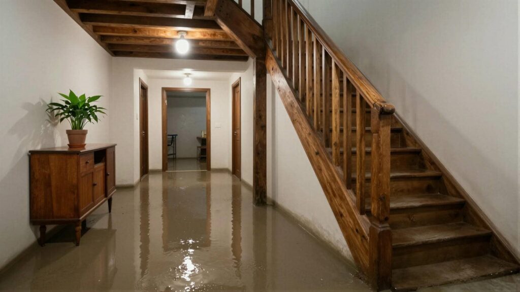 Basement hallway with wooden stairs and furniture partially flooded with water.