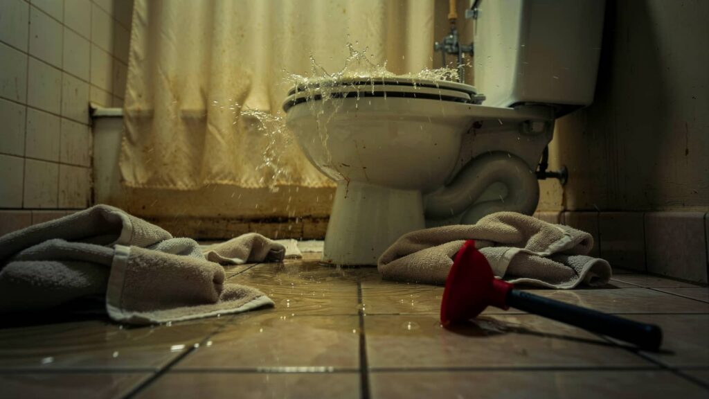 Water splashes from a leaking toilet in a bathroom with towels and a plunger on the floor.