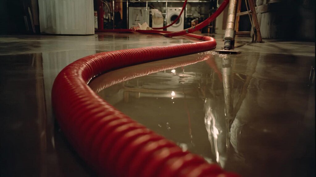 A red hose on a wet basement floor with water being drained.