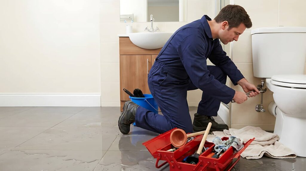 Plumber in blue coveralls fixing a toilet valve with tools and water on the bathroom floor.
