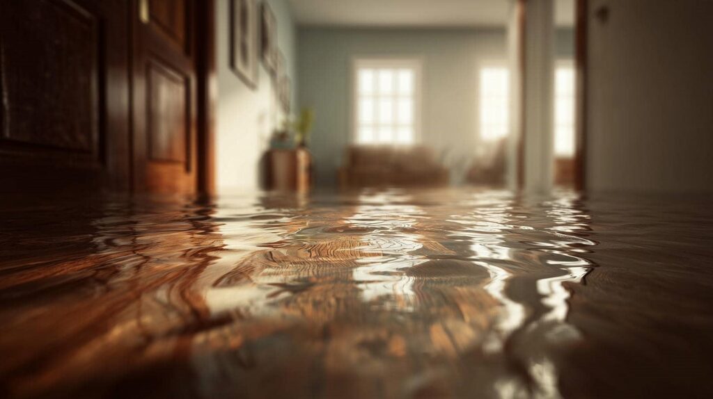Flooded living room with water covering the wooden floor and furniture in the background.
