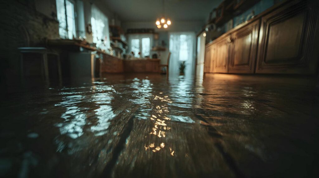 Flooded kitchen with water covering the floor and wooden cabinets visible.