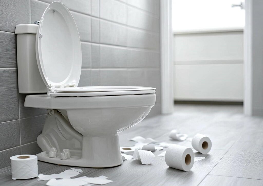 White toilet with open lid and scattered toilet paper rolls on a gray tiled bathroom floor.