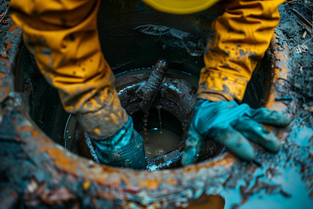 Hands in blue gloves working inside a muddy, rusted pipe opening.