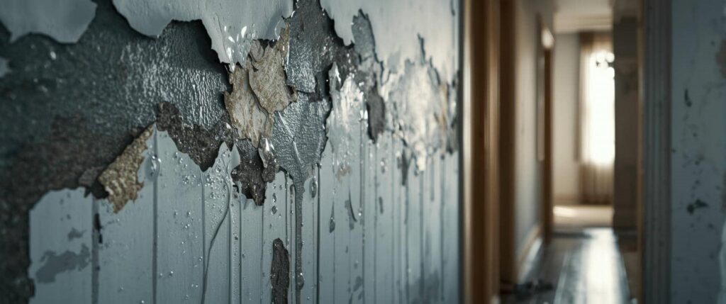 Peeling and water-damaged paint on a wall in a dimly lit hallway.