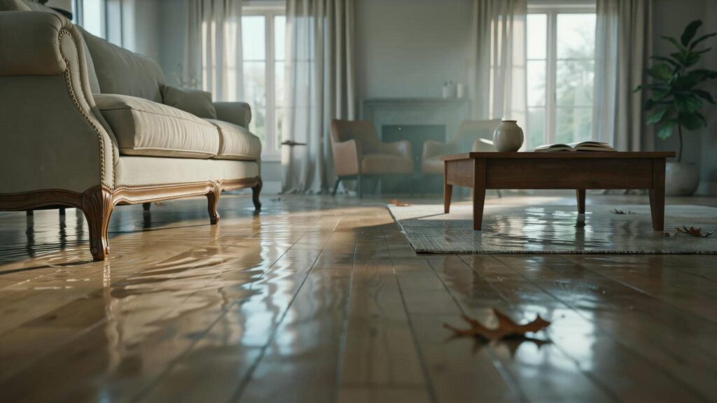 Living room with water flooding the wooden floor around furniture and fallen leaves.