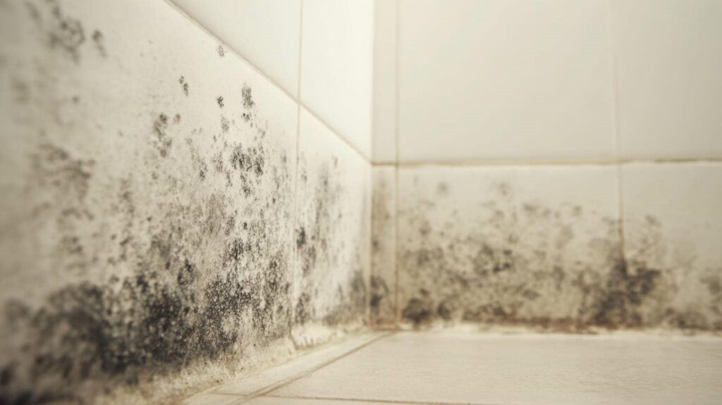 Black mold growing on white tiled walls and floor corner.