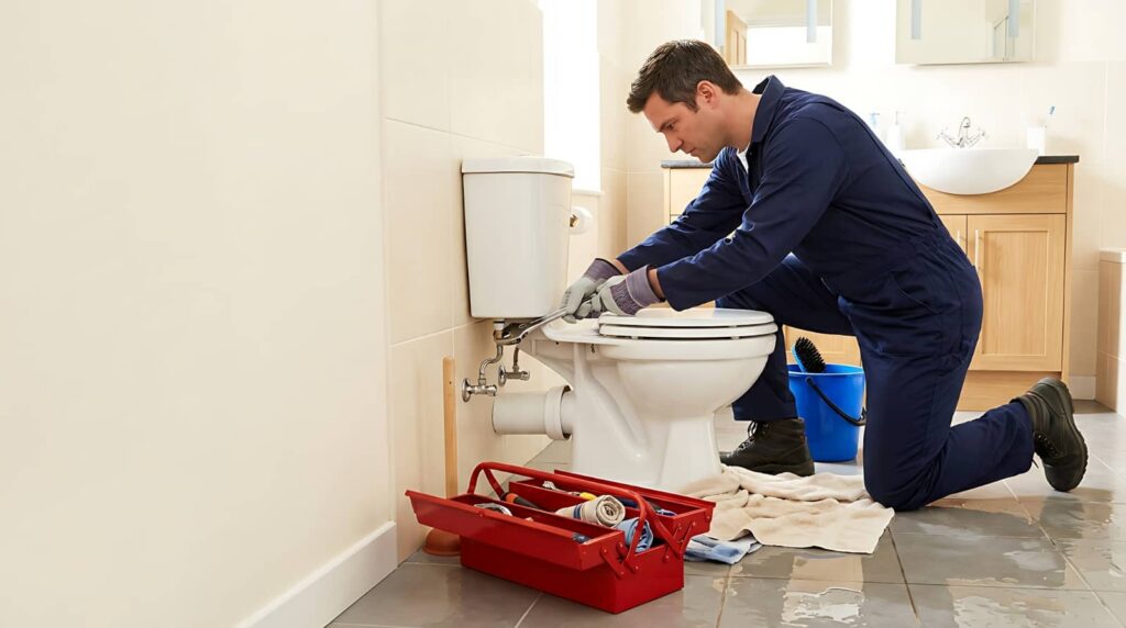 Plumber in blue coveralls fixing a toilet with tools in a bathroom.