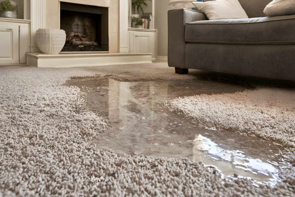 Living room carpet flooded with water.
