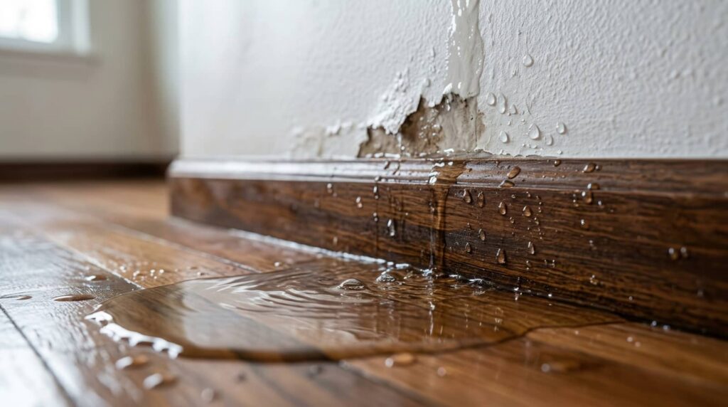 Water leaking from a damaged wall onto a wooden floor.