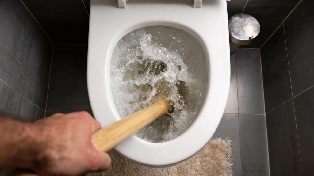Hand using a plunger to unclog a flushing toilet with water splashing inside.