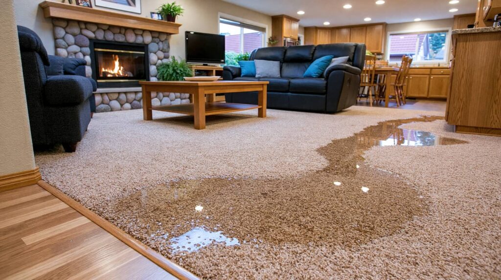 Living room with a flooded carpet and fireplace.