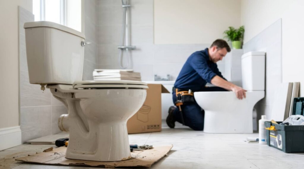 Plumber installing a toilet in a bathroom.