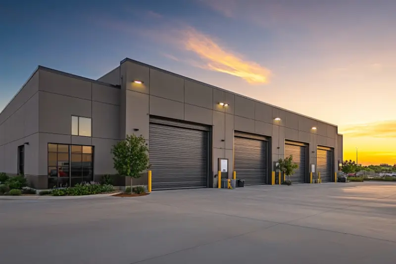 Modern industrial building with four closed garage doors at sunset.