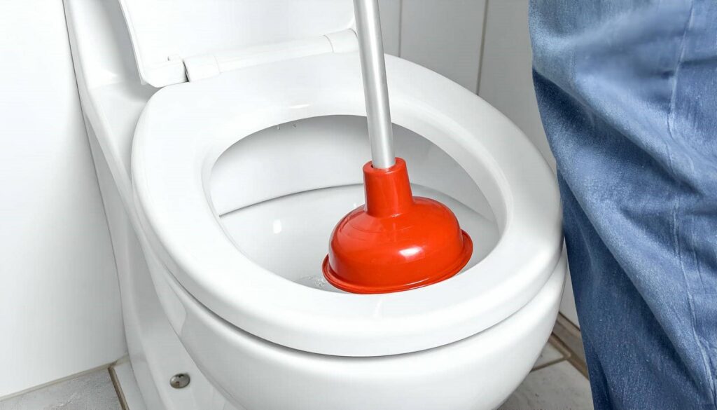A person using a red plunger to unclog a white toilet bowl.