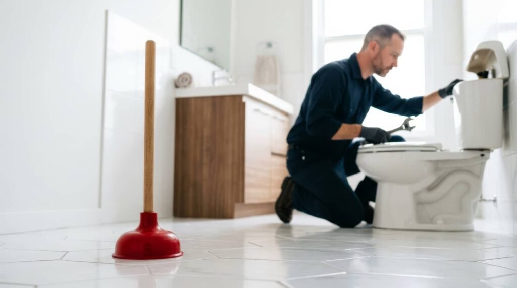 Plumber repairing a toilet in a bright bathroom.