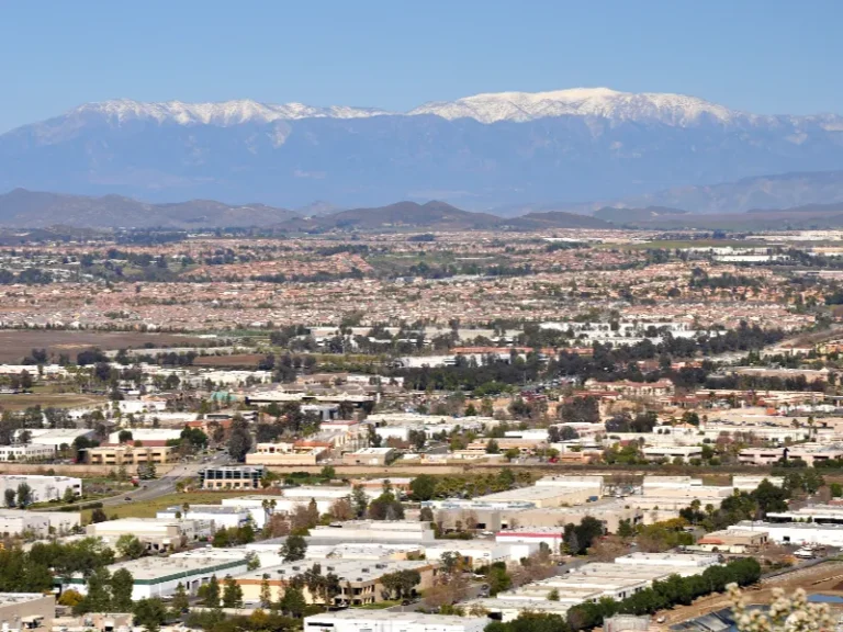 Urban area with buildings and trees in the foreground and snow-capped mountains in the background under a clear sky.