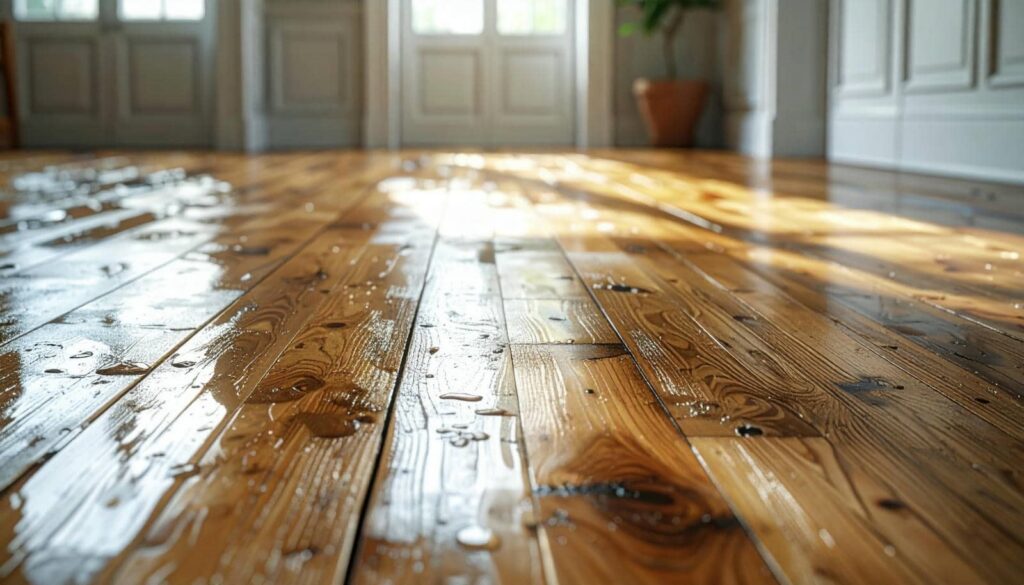 Wet wooden floorboards reflecting sunlight in a room with closed doors and a potted plant.