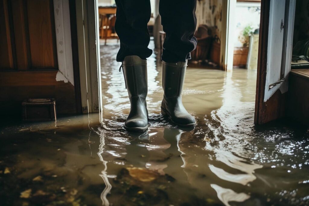Person wearing black boots standing in a flooded room with water covering the floor.
