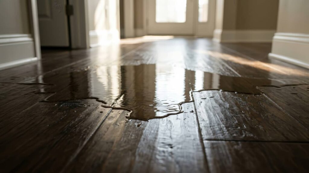 Water pooling on a hardwood floor in a hallway.