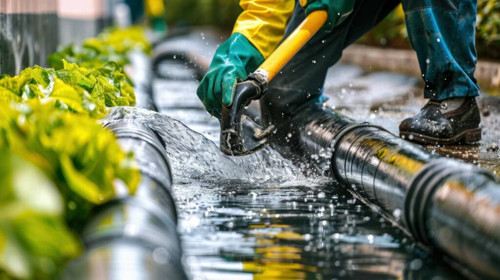 Person wearing gloves and boots cleaning a water drainage pipe with a tool, water splashing around.