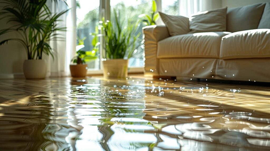 Water flooding a living room floor with a beige sofa and potted plants in the background.