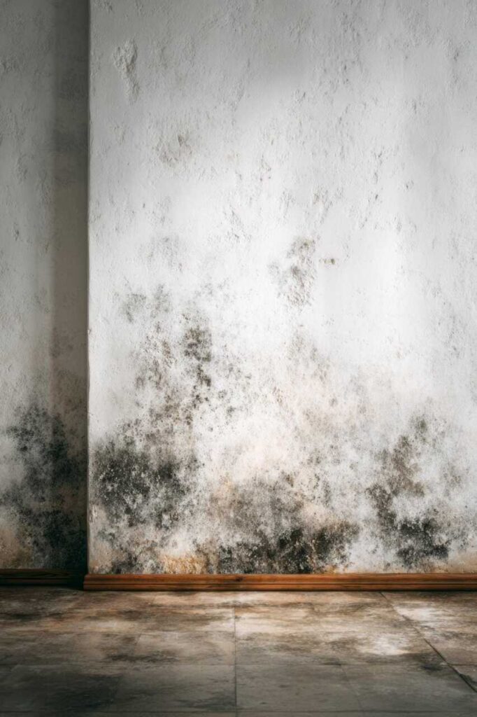 Wall with black mold stains near the floor and a tiled floor in front.
