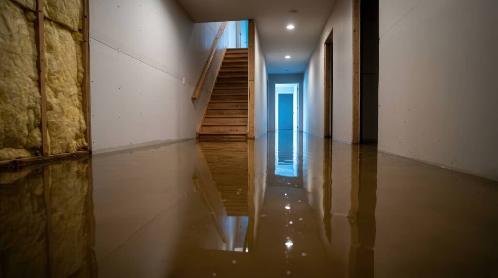 Flooded hallway with water covering the floor and stairs leading upward.