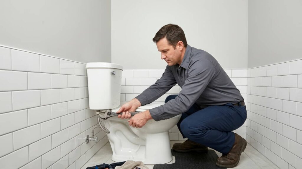 Man repairing a toilet with a wrench.