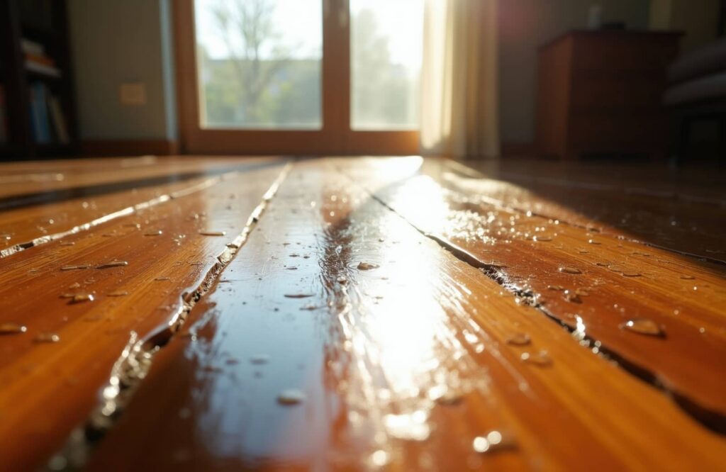 Water-damaged wooden floor with sunlight streaming in.