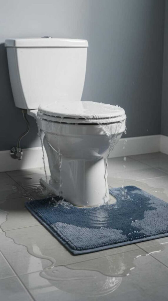 Toilet overflowing with water spilling onto a blue bath mat and tiled floor.