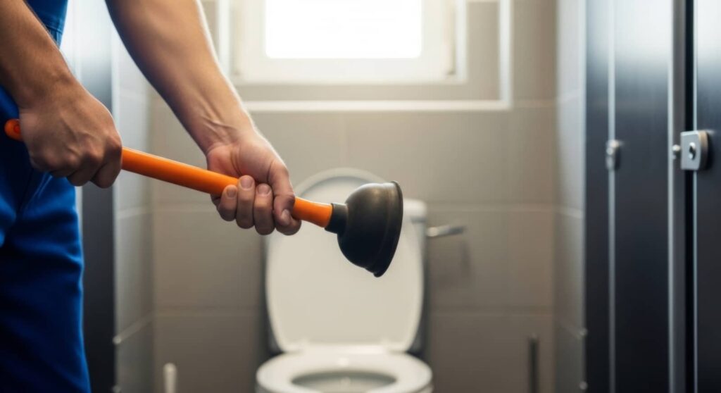 Hands holding a plunger in front of an open toilet in a bathroom stall.