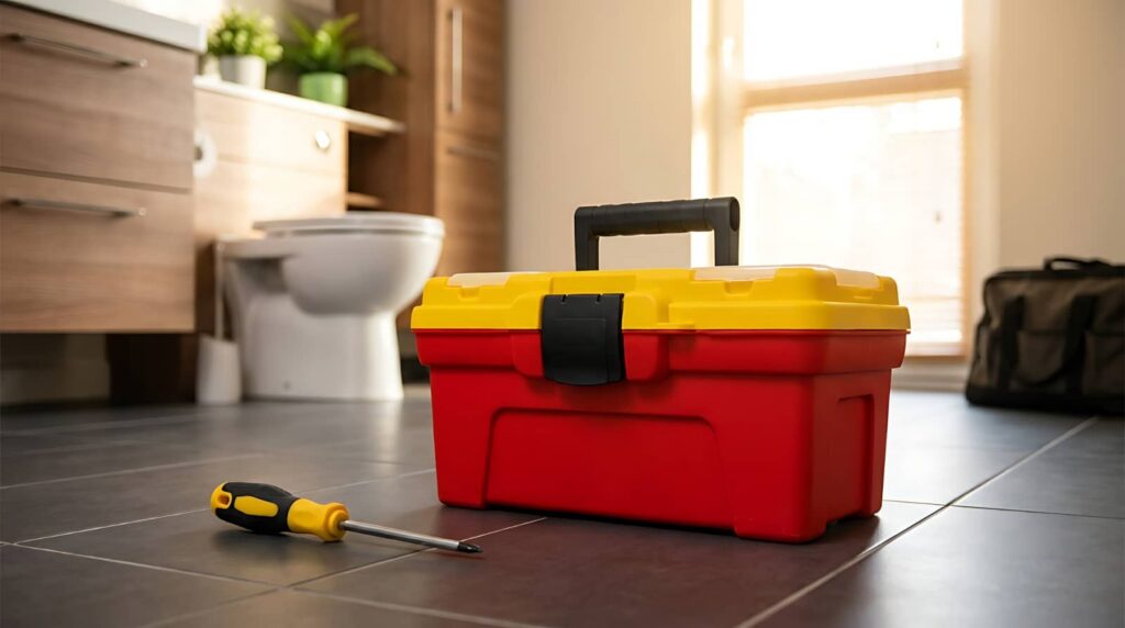 Red and yellow toolbox with a screwdriver on a tiled bathroom floor.