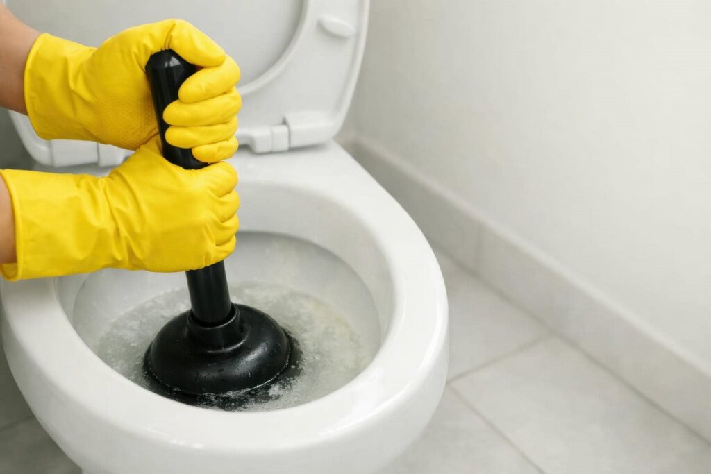 Hands in yellow gloves using a plunger to unclog a white toilet bowl.