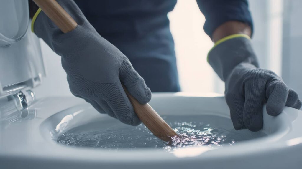 Person wearing gloves unclogs a toilet with a wooden-handled tool.