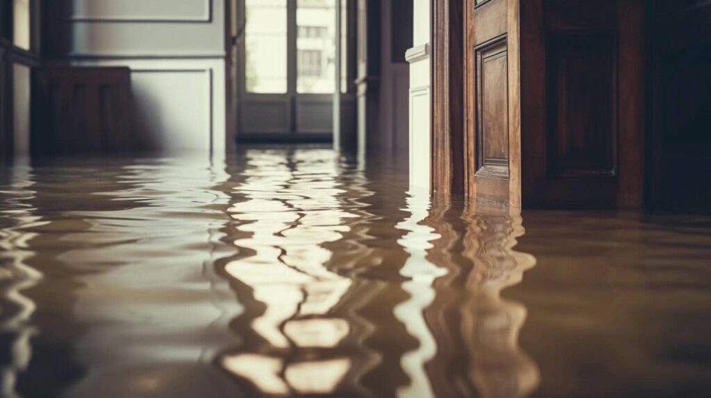 Flooded indoor hallway with water reaching door panels and reflecting light from windows.