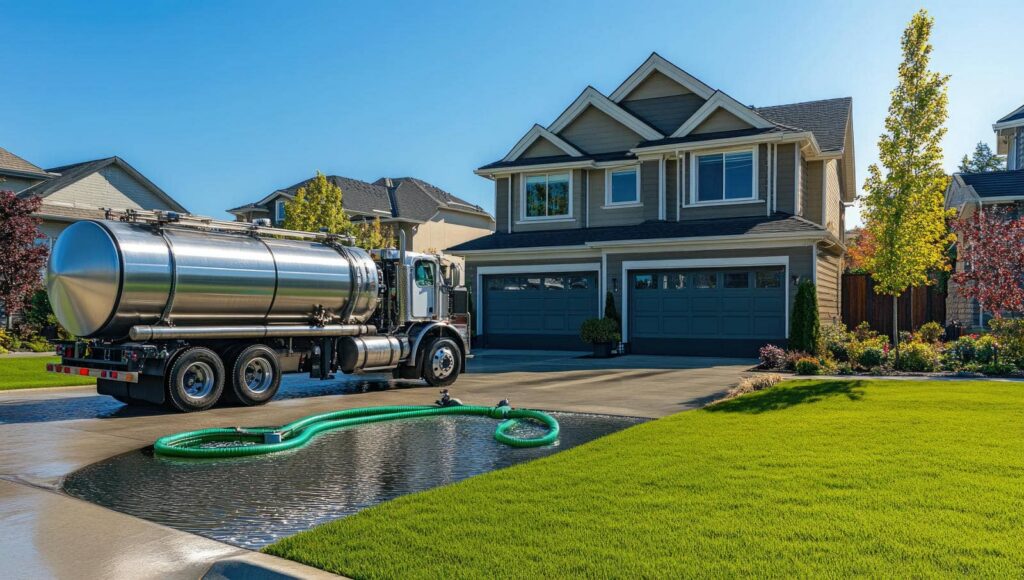 A tanker truck parked on a driveway with a large green hose filling a flooded area in front of a house.