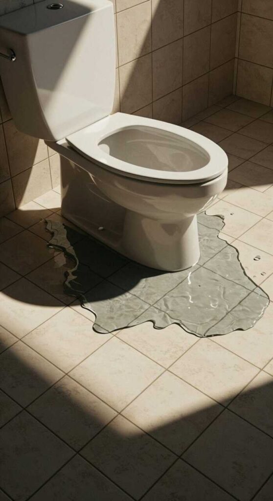 Toilet with water spilled on tiled floor around its base.