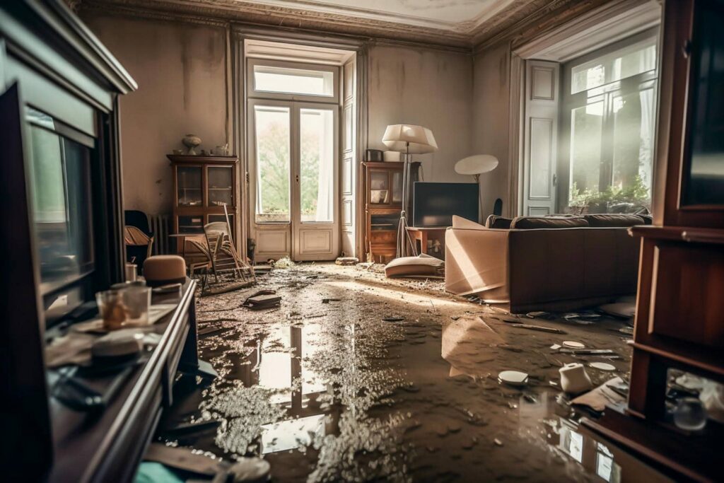 Flooded living room with scattered debris and overturned furniture in an old house.