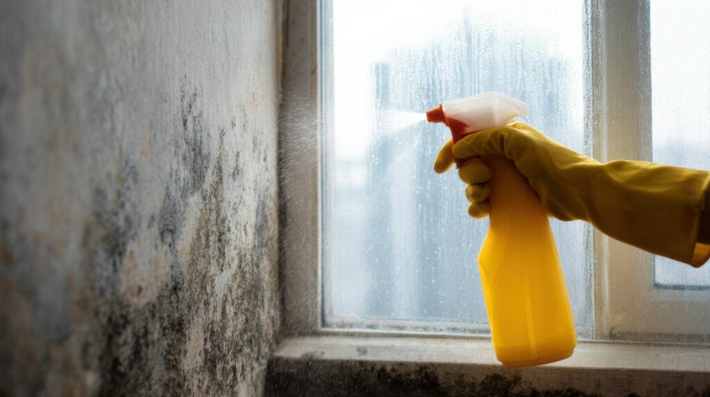 Hand in yellow glove spraying cleaner on moldy wall near window.