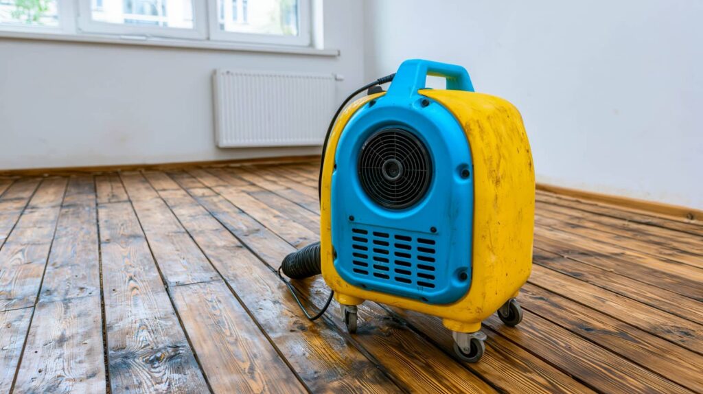 Yellow and blue floor drying machine on a wooden floor in a room with white walls.