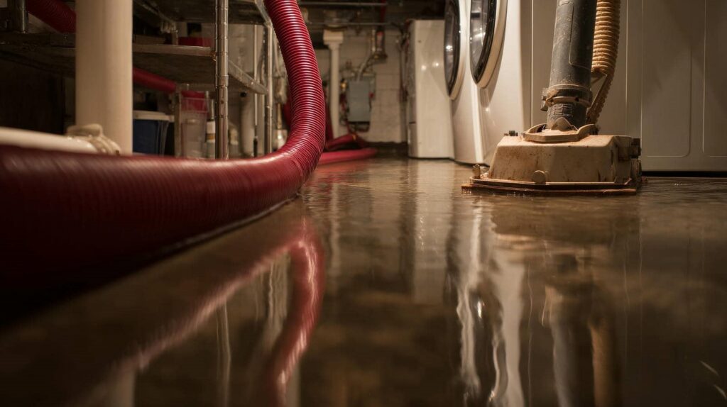 Flooded basement with water extraction equipment and red hoses.
