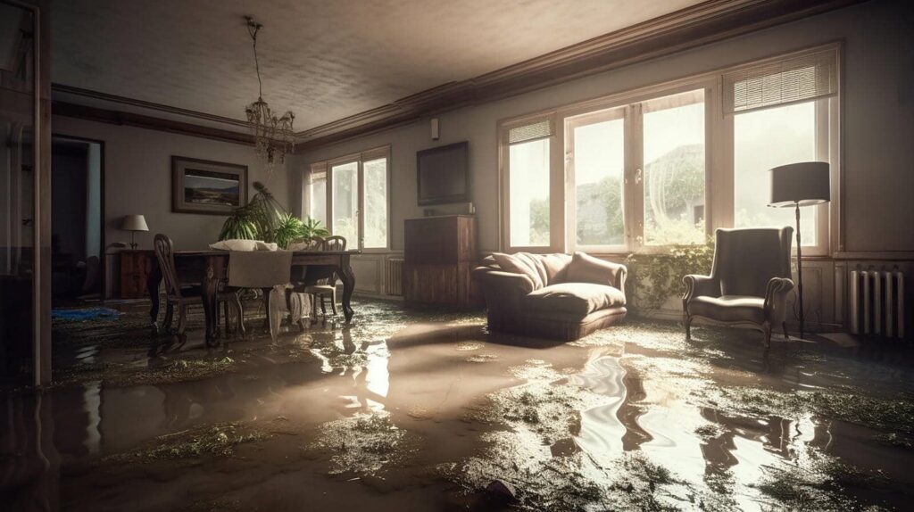 Living room with water flooding the floor and sunlight streaming through large windows.