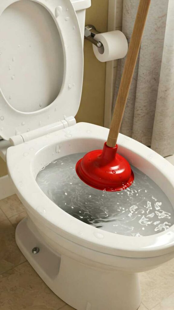 Red plunger inside a white toilet bowl filled with water.