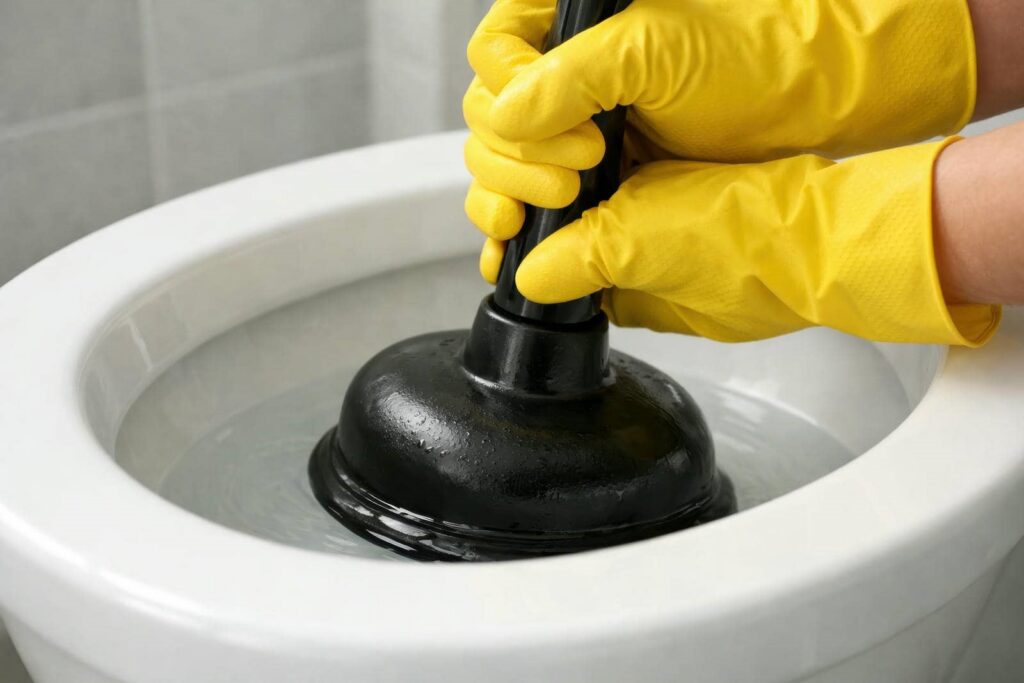 Hands in yellow gloves plunging a black plunger into a water-filled toilet bowl.