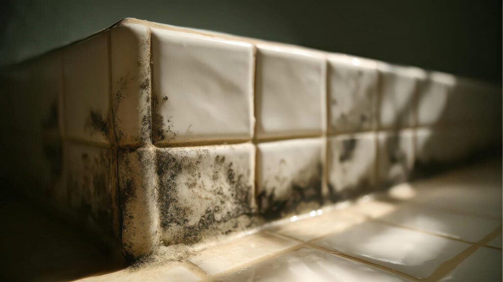 Black mold growing on the corner of white tiled walls and floor.