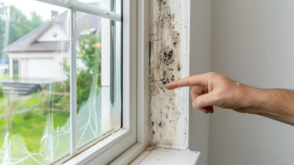 Hand pointing at mold and water damage on a window frame inside a house.
