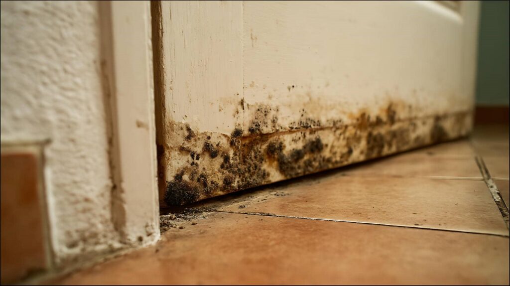 Black mold growth along the bottom edge of a white door near a tiled floor.